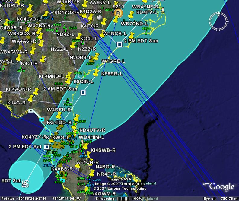 Track of Barry with EchoLink Nodes in the path